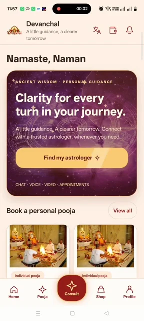 Devanchal customer app showing consultation and pooja-booking entry points
