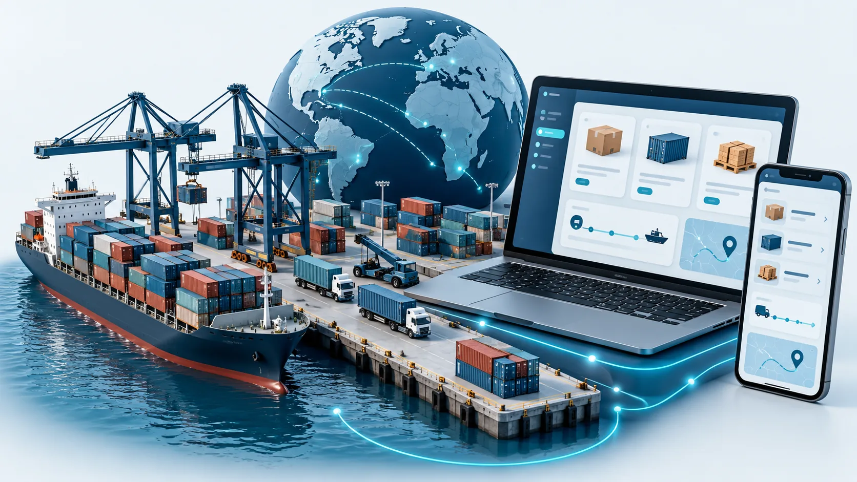 Concept illustration of a cargo port connected to export import product catalogues and shipment updates on a laptop and phone