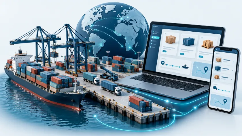 Concept illustration of export import website and app workflows connected to cargo operations