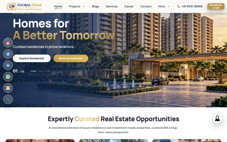 Global Prime Realty website with gold and navy branding and property imagery