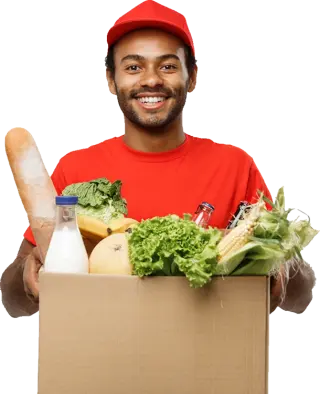 Grocery delivery worker carrying a box of fresh food and household essentials