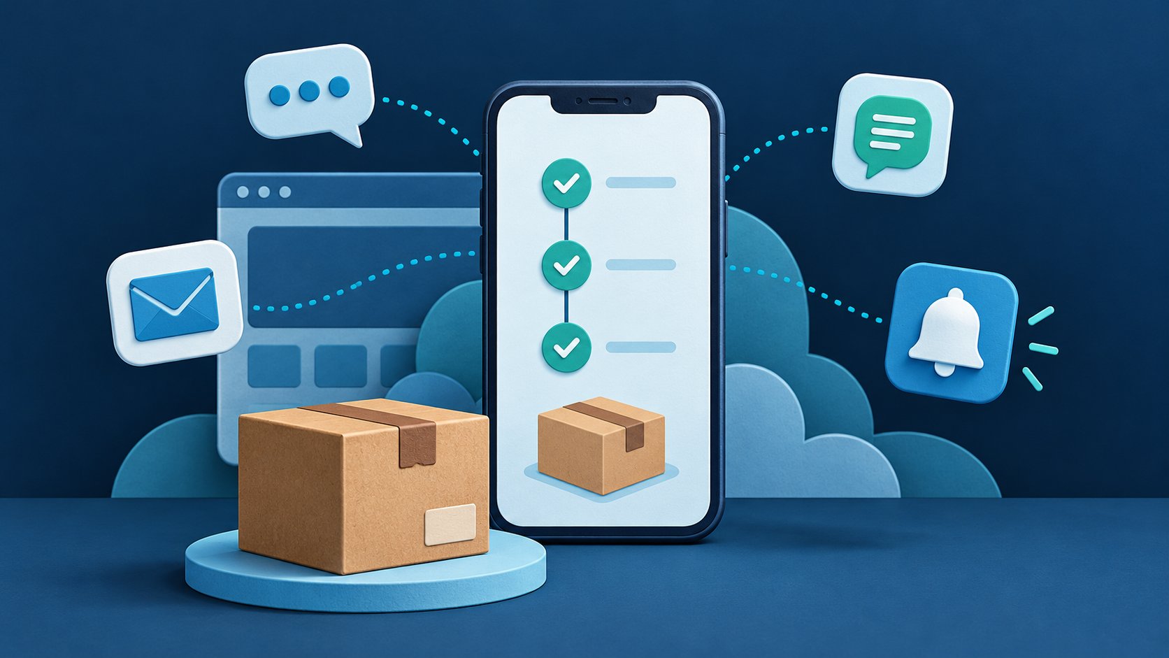 Editorial illustration of courier shipment updates connecting a customer app, website and notifications