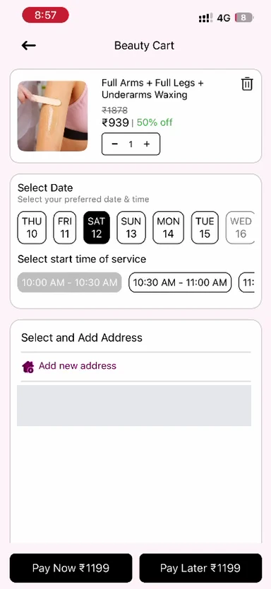 MadamG appointment date and time selection with personal address hidden