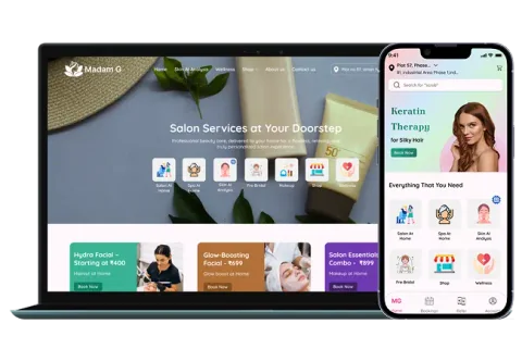 MadamG website and customer mobile app shown on laptop and phone screens