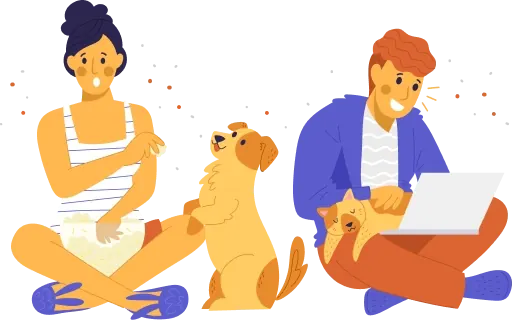 Illustration of pet owners caring for dogs and using a laptop