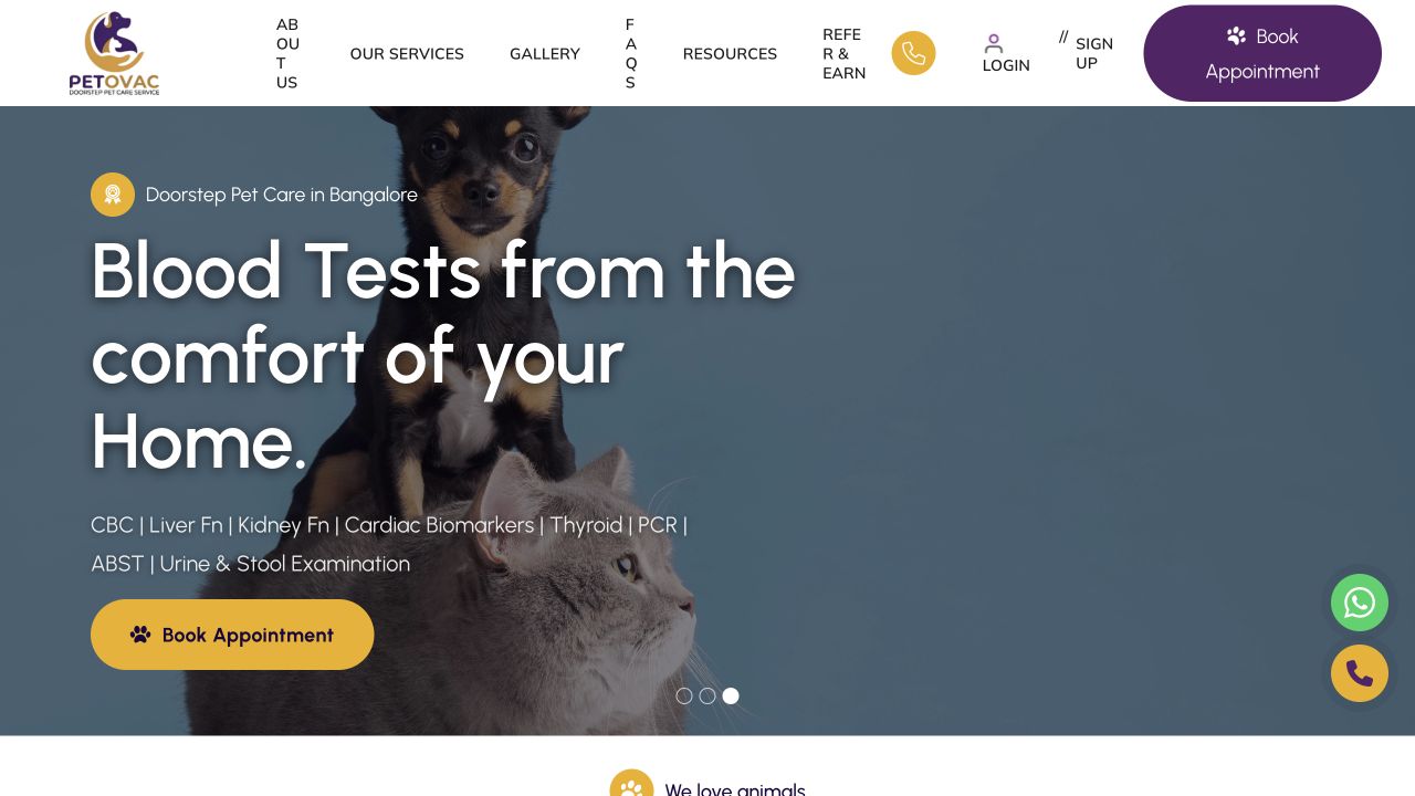 Petovac website showing at-home veterinary services and appointment booking