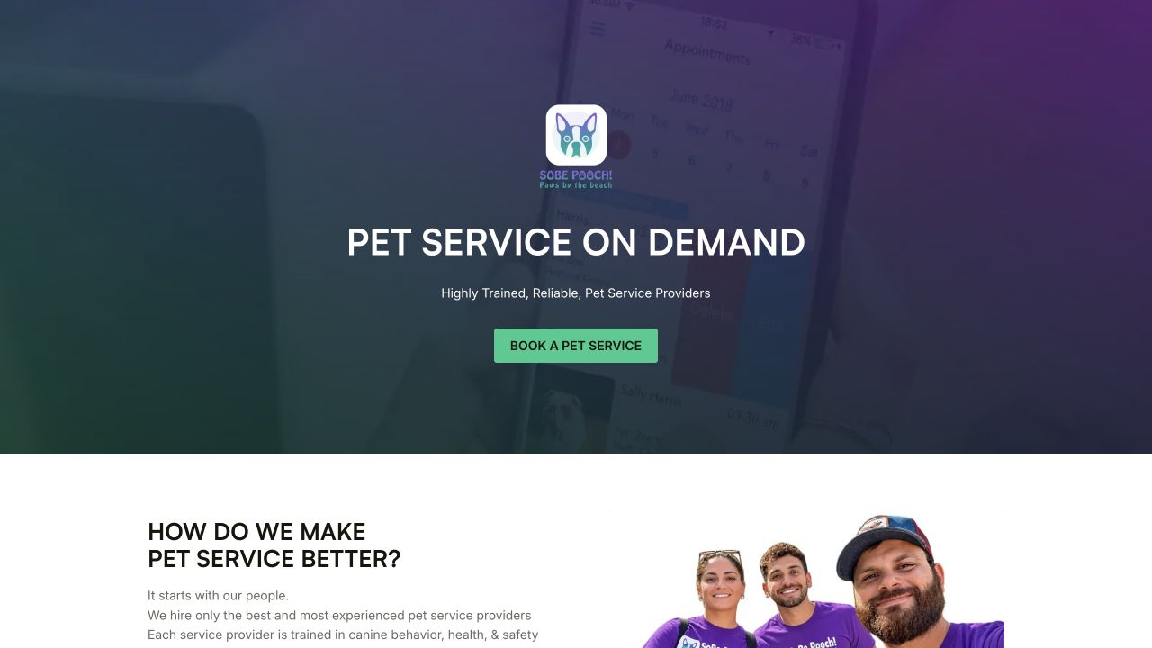 SoBe Pooch website with its pet-service booking call to action