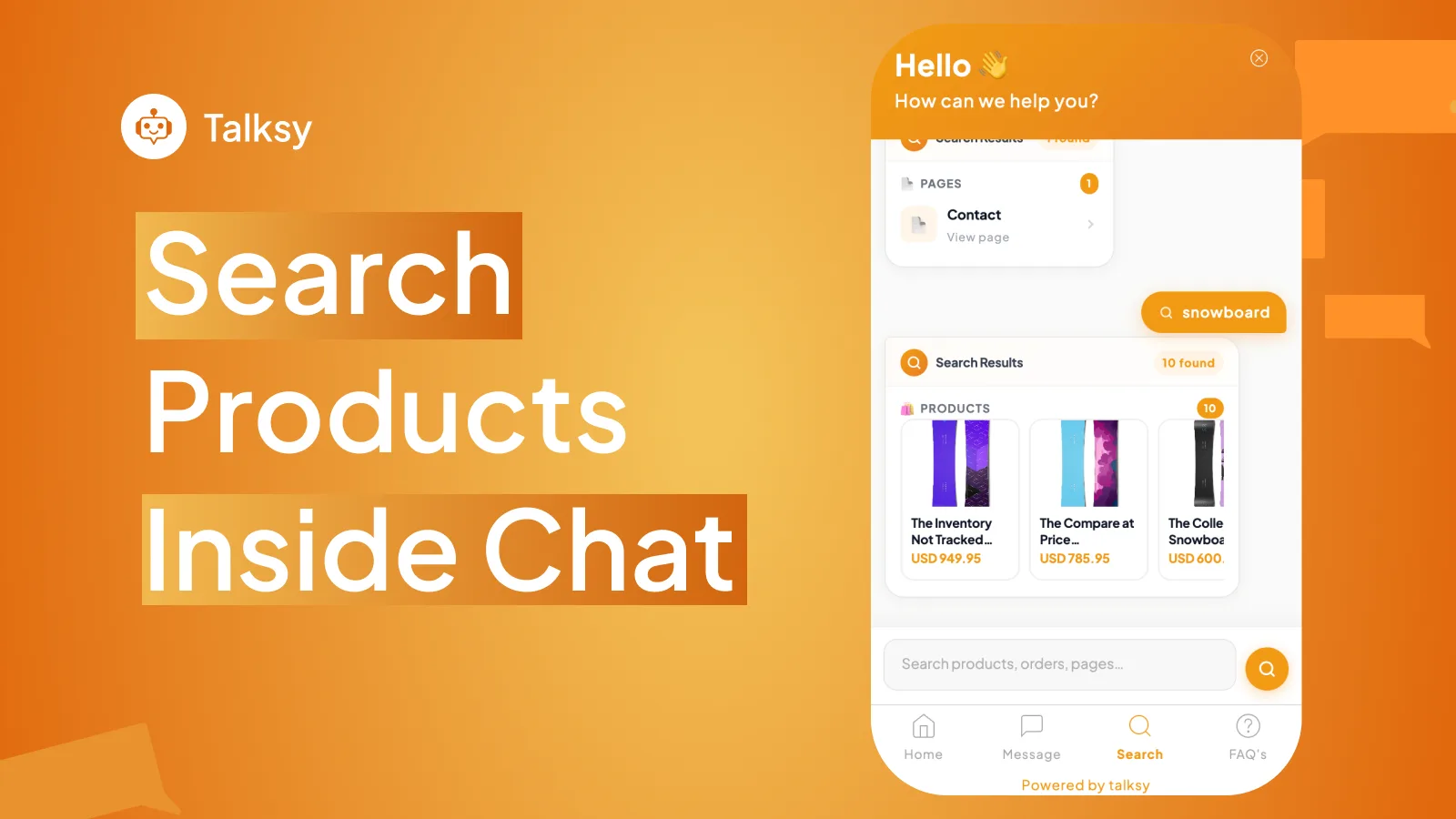 Talksy smart product search inside the Shopify chat widget