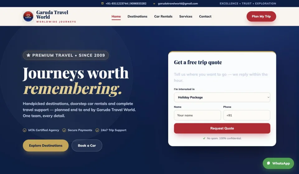 Garuda Travel World website with tour packages and a trip enquiry form