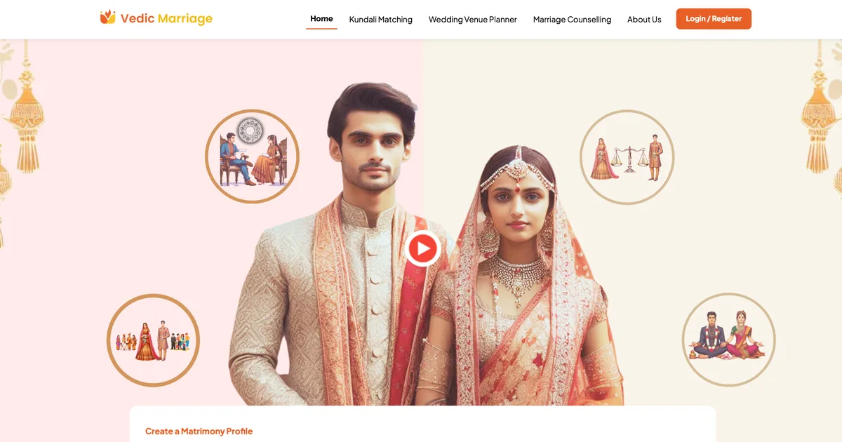 Vedic Marriage matrimonial website interface from Digittrix’s public Freelancer portfolio