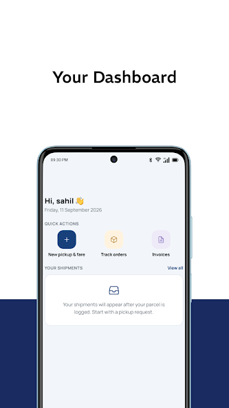 Published VSR customer app dashboard with pickup, tracking and invoice shortcuts; sample account with an empty shipment list