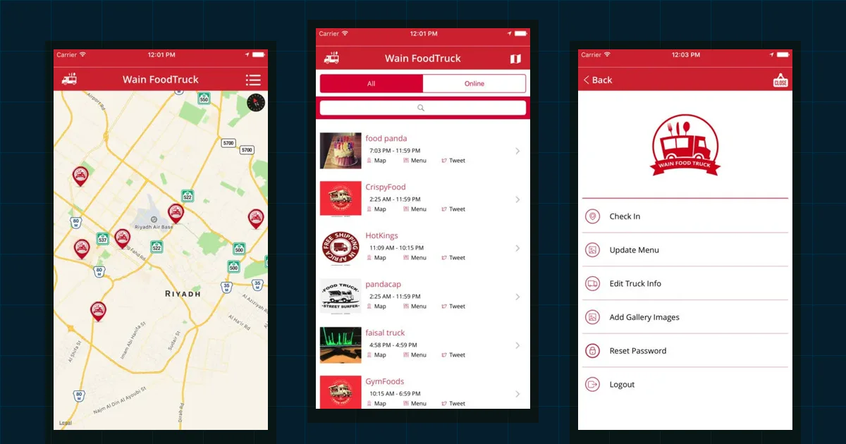 Wain FoodTruck app map showing nearby serving food trucks