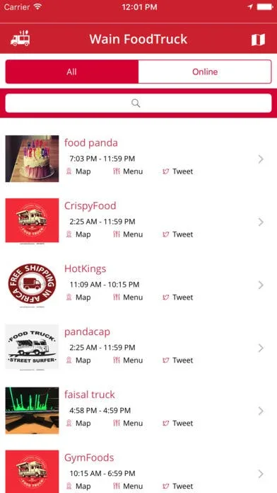 Wain FoodTruck searchable list of available food trucks