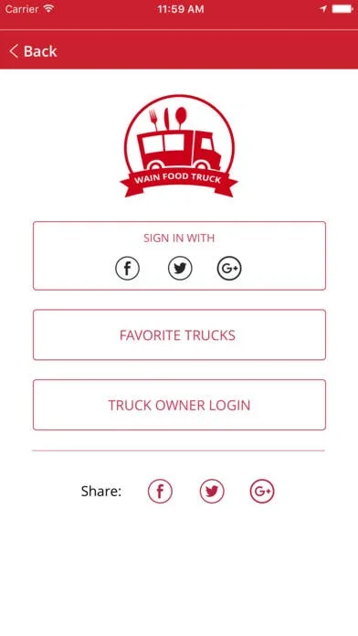 Wain FoodTruck sign in favorite trucks and truck owner login screen