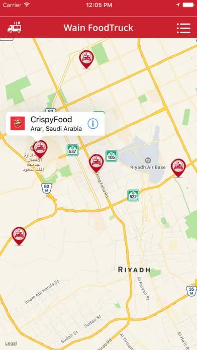 Wain FoodTruck selected truck marker on the Riyadh map