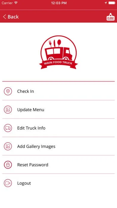 Wain FoodTruck owner controls for check-in menu and truck information