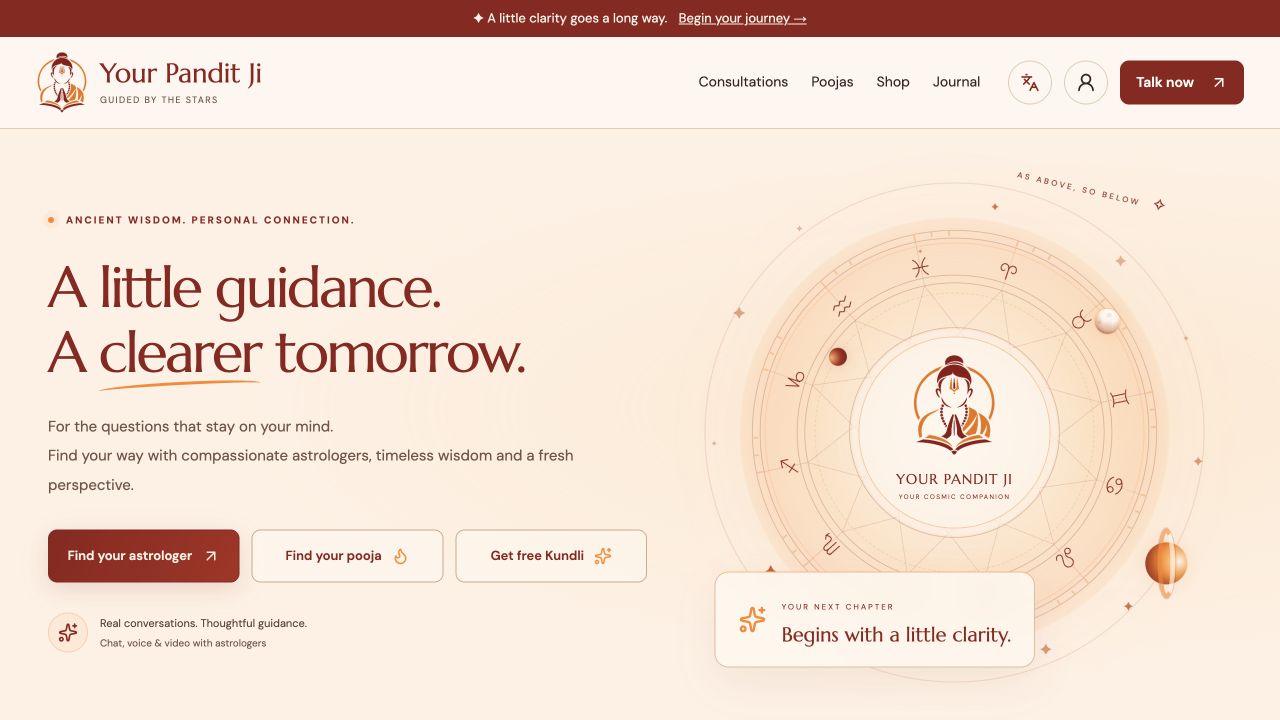 Your Pandit Ji website with astrology consultation, pooja booking and Kundli entry points